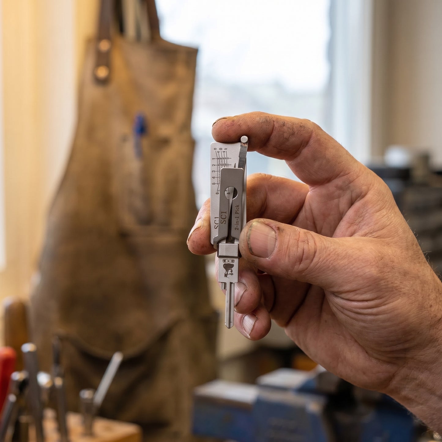 Locksmith holding the 2-in-1 pick and decoder tool in a workshop