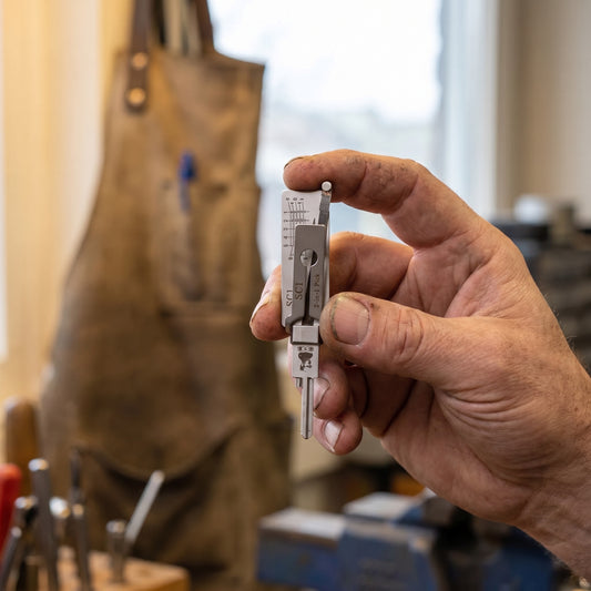 Locksmith holding the 2-in-1 pick and decoder tool in a workshop