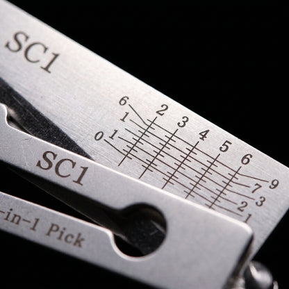 Extreme close-up of the laser-etched bitting depth markings on the decoder