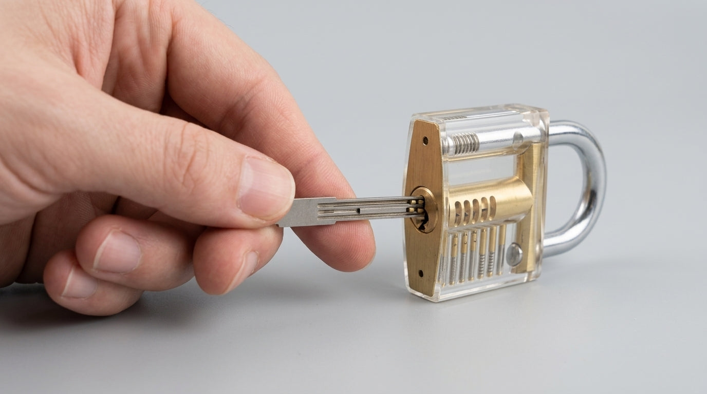 Hand holding a tubular pick against a padlock cylinder