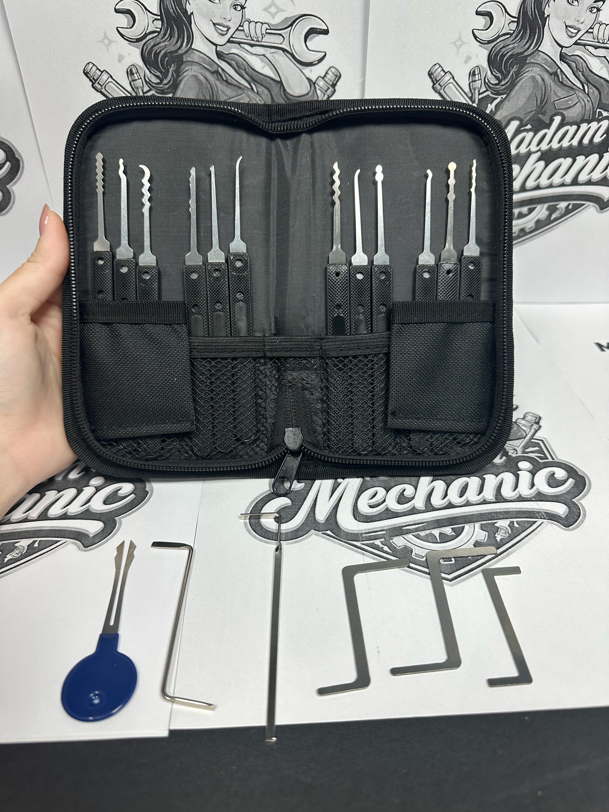 Madam Mechanic beginner lock pick practice kit with clear training lock and picks