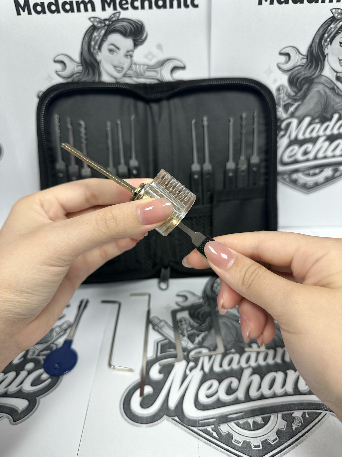 Clear cutaway training lock from the Madam Mechanic beginner pick kit