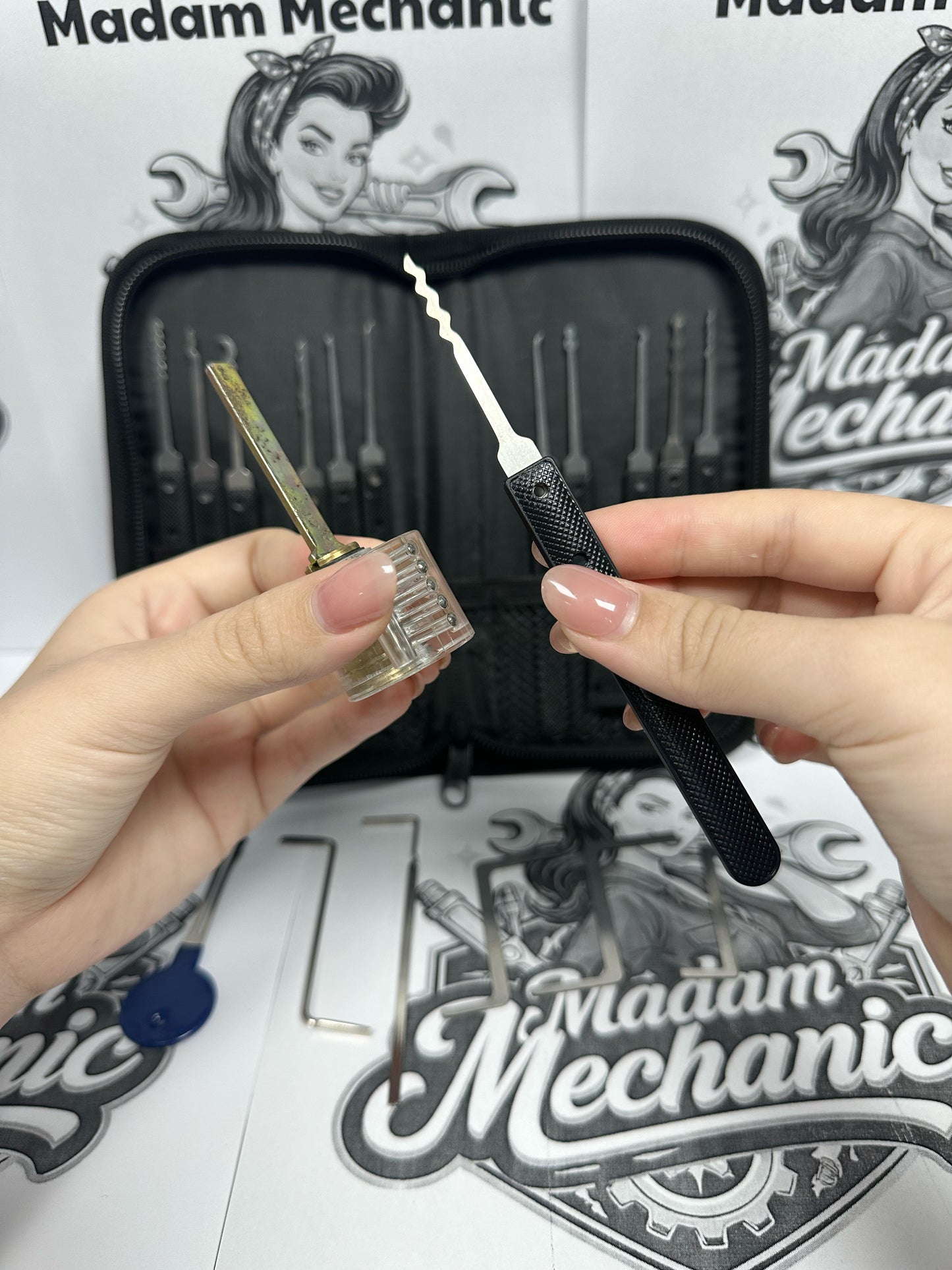 Lock pick practice kit with zip case, picks and see-through training lock