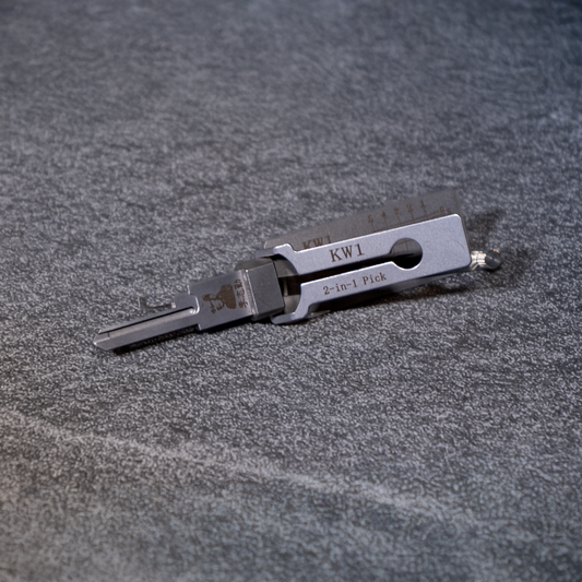 Lishi-style 2-in-1 lock pick and decoder with laser-etched depth scale