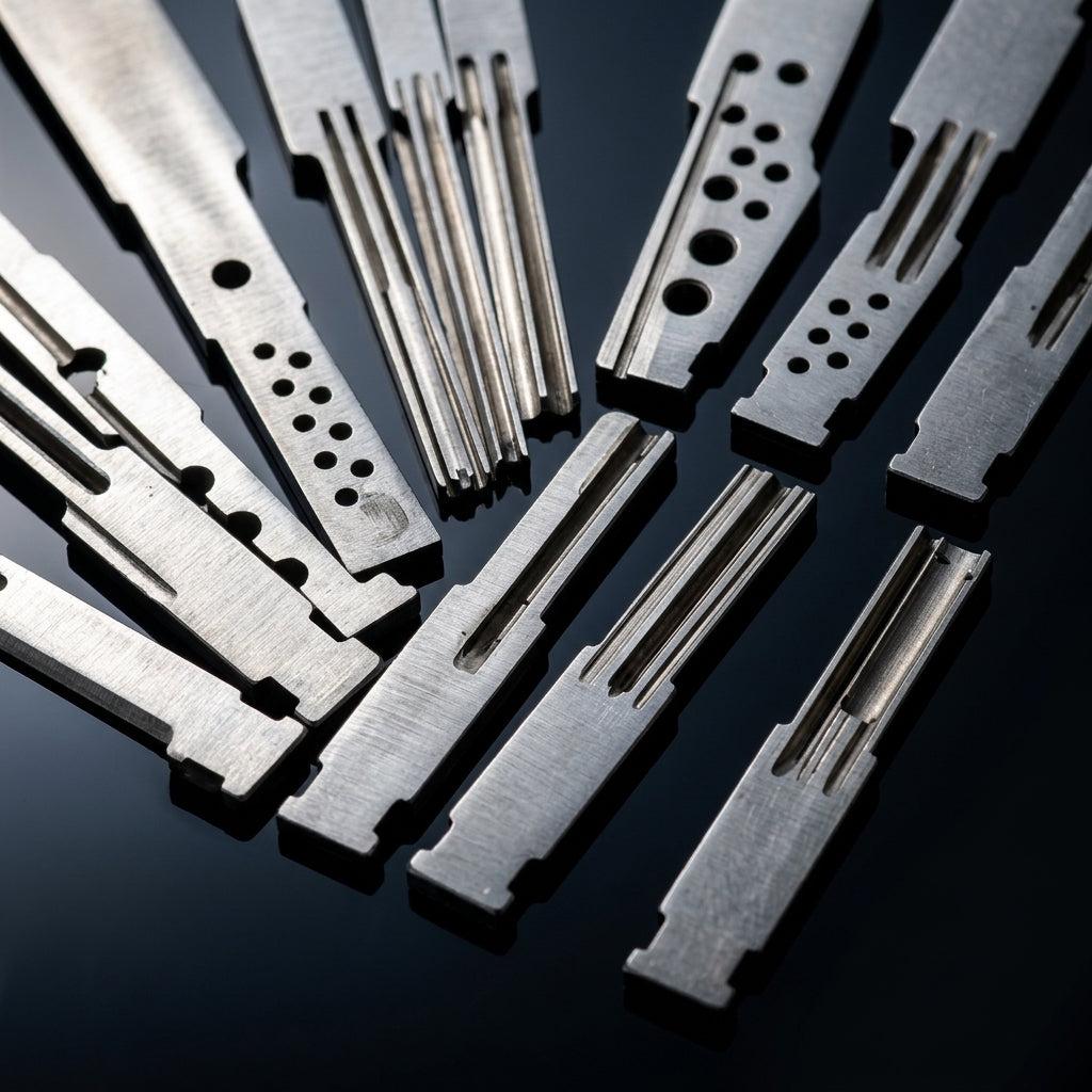 Macro close-up of CNC-machined hardened steel tubular pick pins