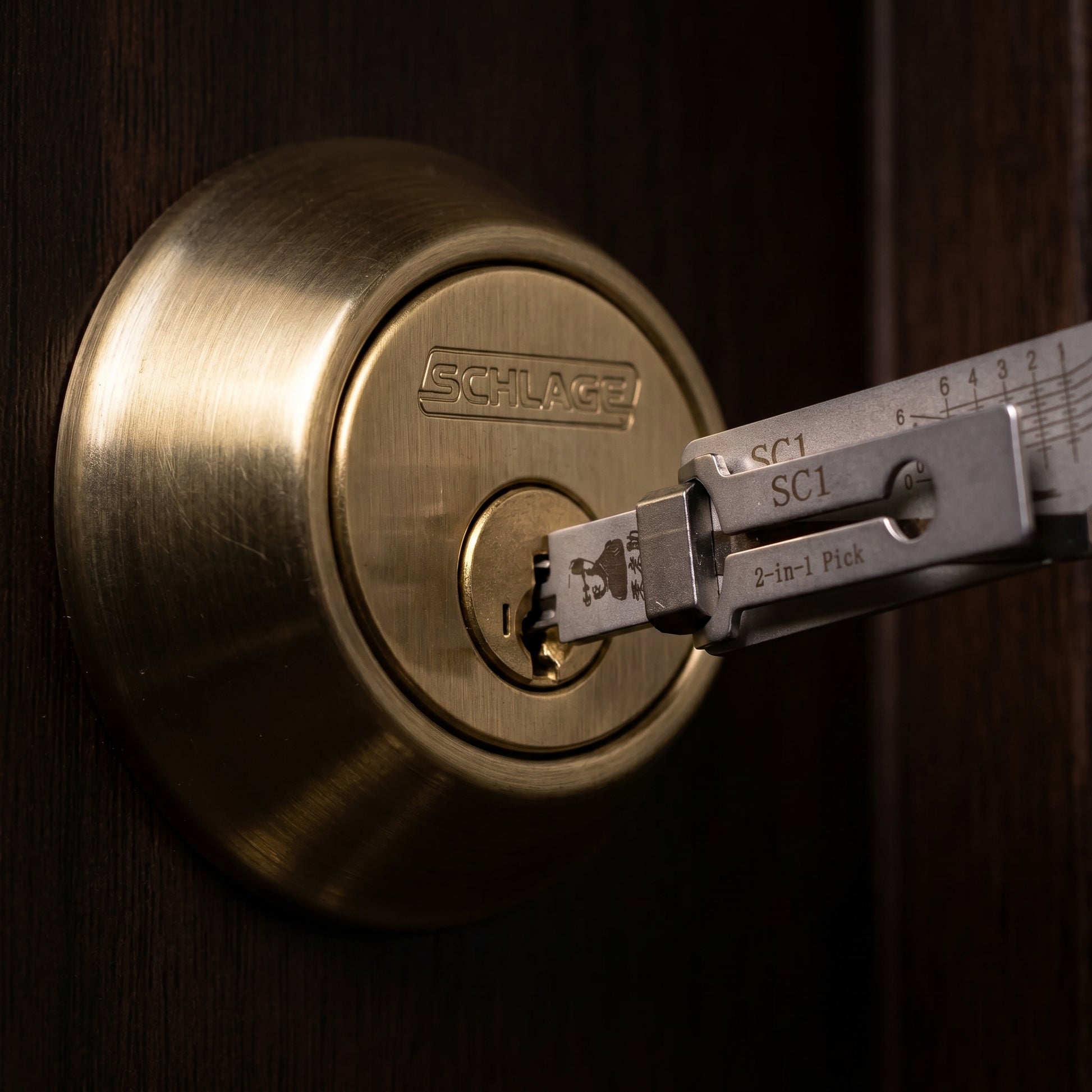 Pick and decoder tool inserted into a brass pin tumbler cylinder